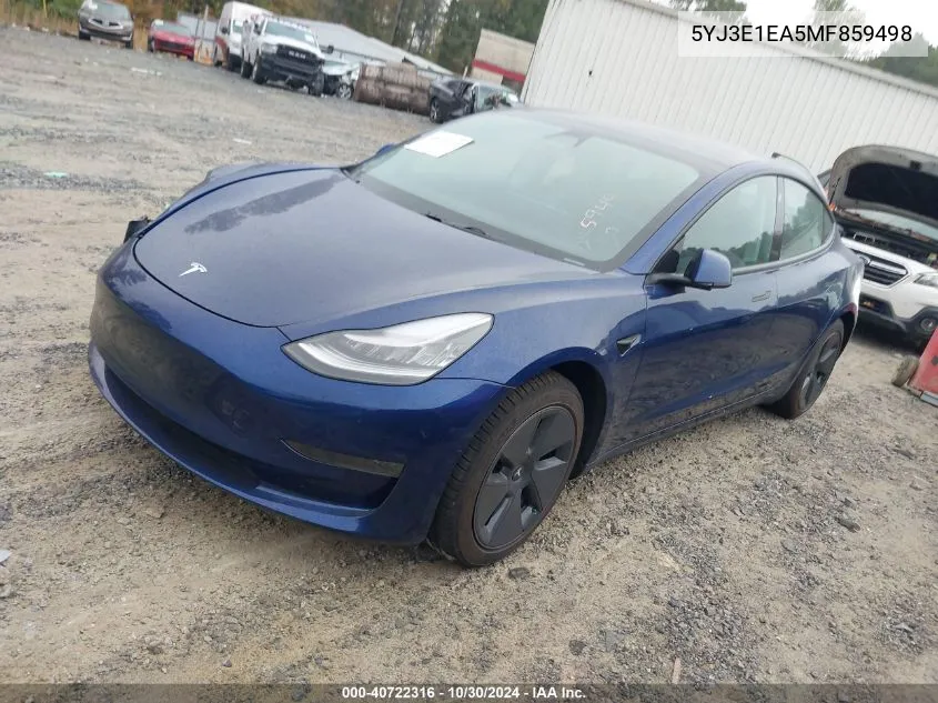 2021 Tesla Model 3 Standard Range Plus Rear-Wheel Drive VIN: 5YJ3E1EA5MF859498 Lot: 40722316