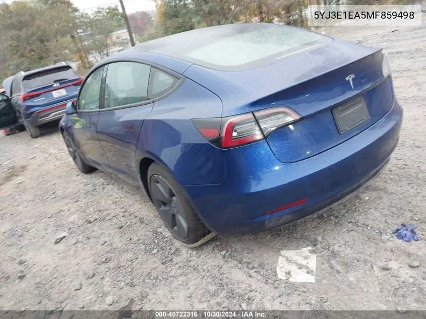 2021 Tesla Model 3 Standard Range Plus Rear-Wheel Drive VIN: 5YJ3E1EA5MF859498 Lot: 40722316