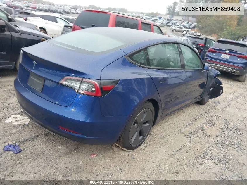 2021 Tesla Model 3 Standard Range Plus Rear-Wheel Drive VIN: 5YJ3E1EA5MF859498 Lot: 40722316