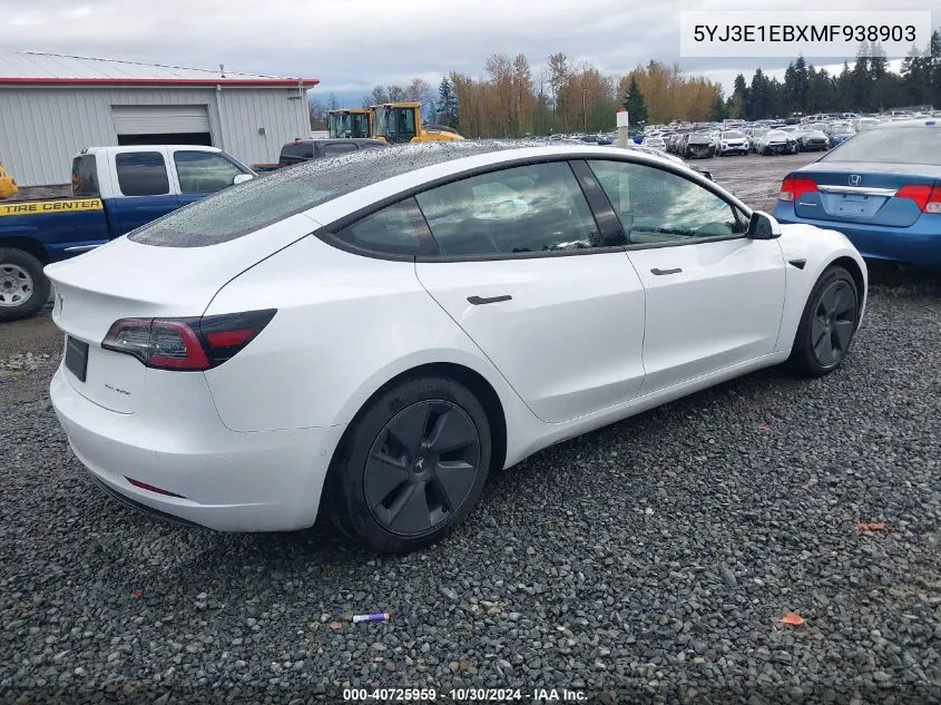 2021 Tesla Model 3 Long Range Dual Motor All-Wheel Drive VIN: 5YJ3E1EBXMF938903 Lot: 40725959