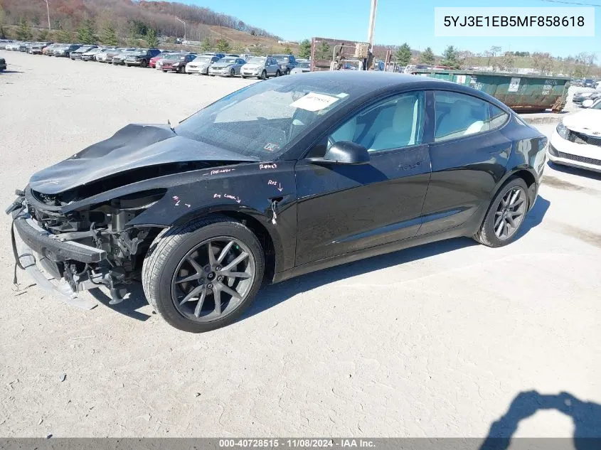 2021 Tesla Model 3 Long Range Dual Motor All-Wheel Drive VIN: 5YJ3E1EB5MF858618 Lot: 40728515