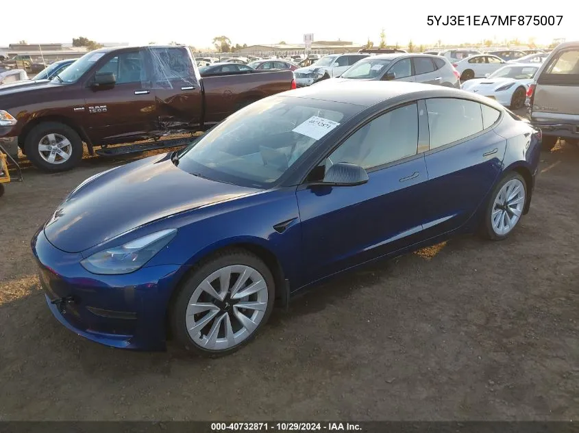 2021 Tesla Model 3 Standard Range Plus Rear-Wheel Drive VIN: 5YJ3E1EA7MF875007 Lot: 40732871