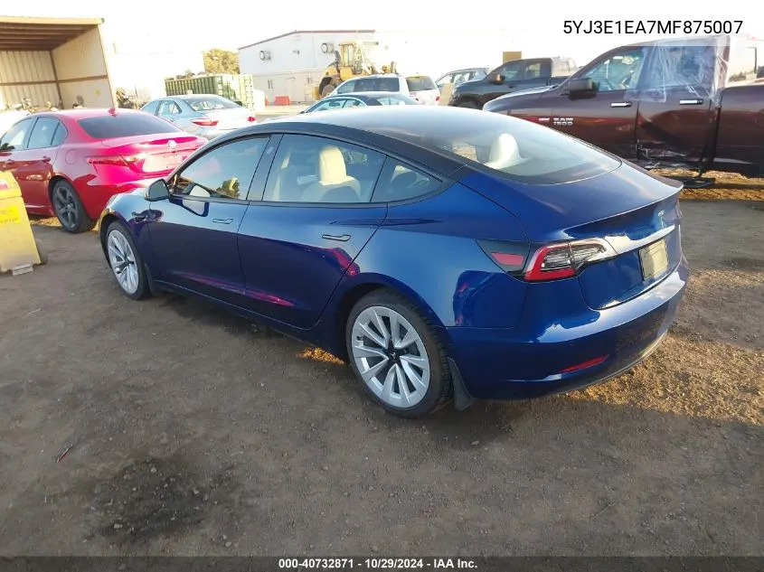 2021 Tesla Model 3 Standard Range Plus Rear-Wheel Drive VIN: 5YJ3E1EA7MF875007 Lot: 40732871