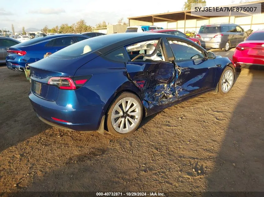 2021 Tesla Model 3 Standard Range Plus Rear-Wheel Drive VIN: 5YJ3E1EA7MF875007 Lot: 40732871