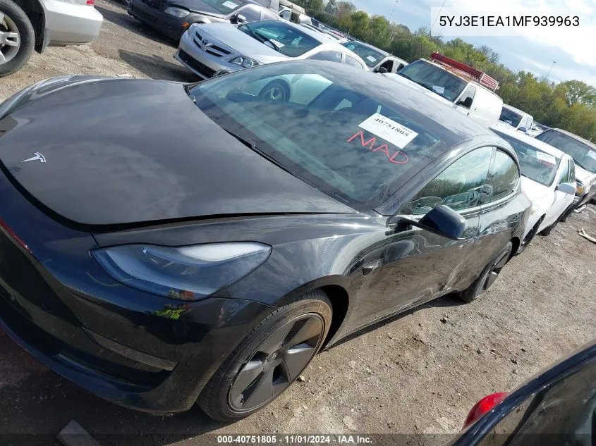 2021 Tesla Model 3 Standard Range Plus Rear-Wheel Drive VIN: 5YJ3E1EA1MF939963 Lot: 40751805