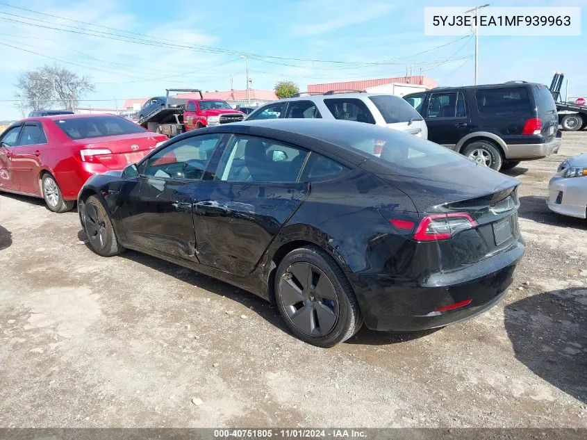 2021 Tesla Model 3 Standard Range Plus Rear-Wheel Drive VIN: 5YJ3E1EA1MF939963 Lot: 40751805