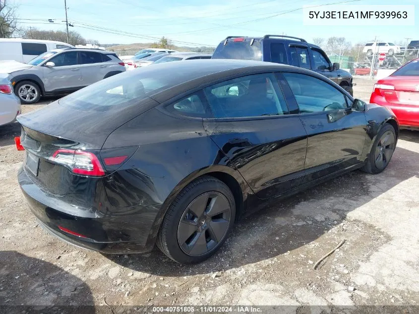 2021 Tesla Model 3 Standard Range Plus Rear-Wheel Drive VIN: 5YJ3E1EA1MF939963 Lot: 40751805