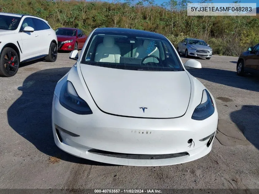 2021 Tesla Model 3 Standard Range Plus Rear-Wheel Drive VIN: 5YJ3E1EA5MF048283 Lot: 40753557