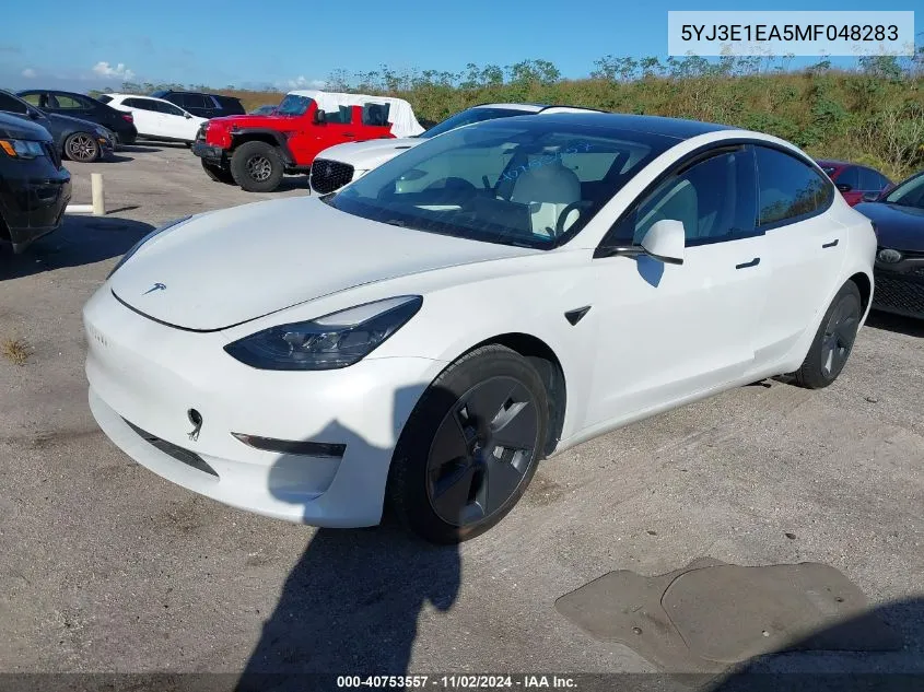 2021 Tesla Model 3 Standard Range Plus Rear-Wheel Drive VIN: 5YJ3E1EA5MF048283 Lot: 40753557