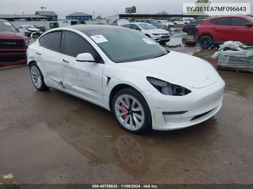 2021 Tesla Model 3 Standard Range Plus Rear-Wheel Drive VIN: 5YJ3E1EA7MF096643 Lot: 40759825