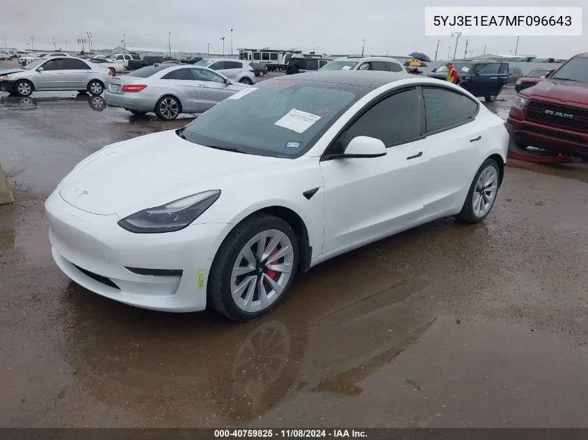 2021 Tesla Model 3 Standard Range Plus Rear-Wheel Drive VIN: 5YJ3E1EA7MF096643 Lot: 40759825