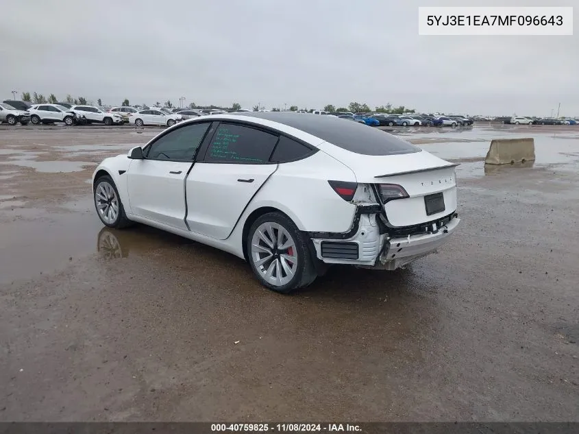 2021 Tesla Model 3 Standard Range Plus Rear-Wheel Drive VIN: 5YJ3E1EA7MF096643 Lot: 40759825