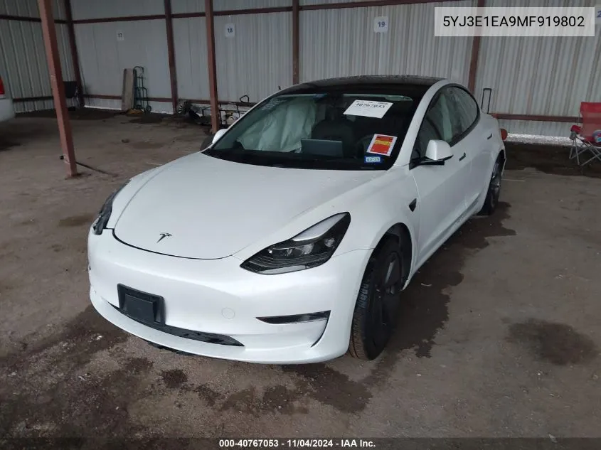 2021 Tesla Model 3 Standard Range Plus Rear-Wheel Drive VIN: 5YJ3E1EA9MF919802 Lot: 40767053