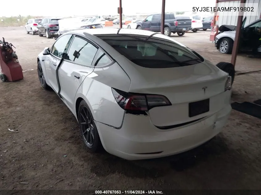 2021 Tesla Model 3 Standard Range Plus Rear-Wheel Drive VIN: 5YJ3E1EA9MF919802 Lot: 40767053