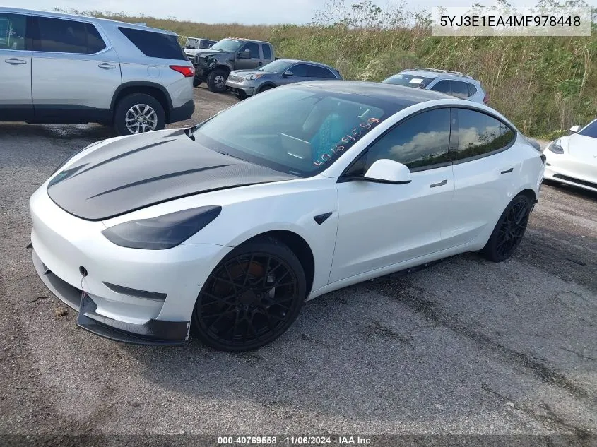 2021 Tesla Model 3 Standard Range Plus Rear-Wheel Drive VIN: 5YJ3E1EA4MF978448 Lot: 40769558