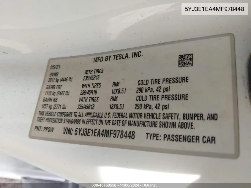 2021 Tesla Model 3 Standard Range Plus Rear-Wheel Drive VIN: 5YJ3E1EA4MF978448 Lot: 40769558