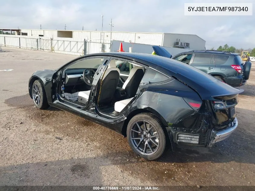 2021 Tesla Model 3 Standard Range Plus Rear-Wheel Drive VIN: 5YJ3E1EA7MF987340 Lot: 40776669