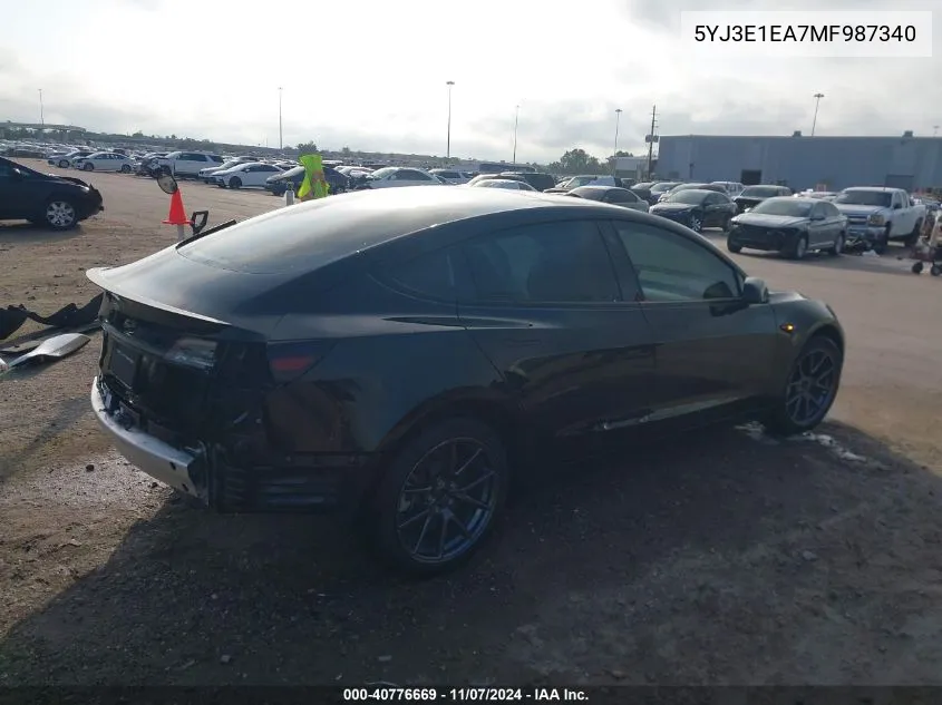 2021 Tesla Model 3 Standard Range Plus Rear-Wheel Drive VIN: 5YJ3E1EA7MF987340 Lot: 40776669