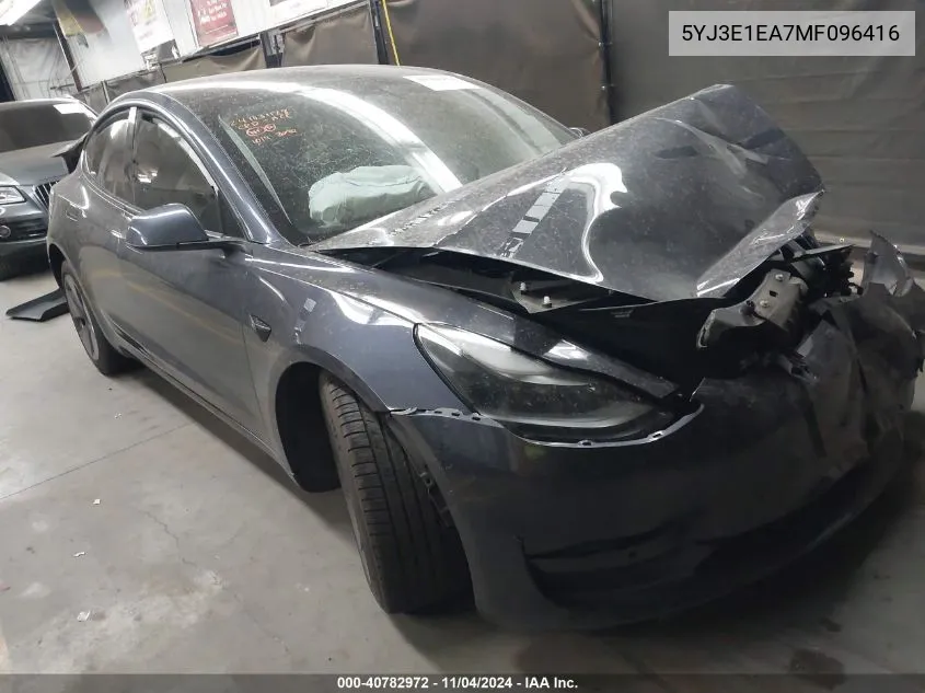 2021 Tesla Model 3 Standard Range Plus Rear-Wheel Drive VIN: 5YJ3E1EA7MF096416 Lot: 40782972