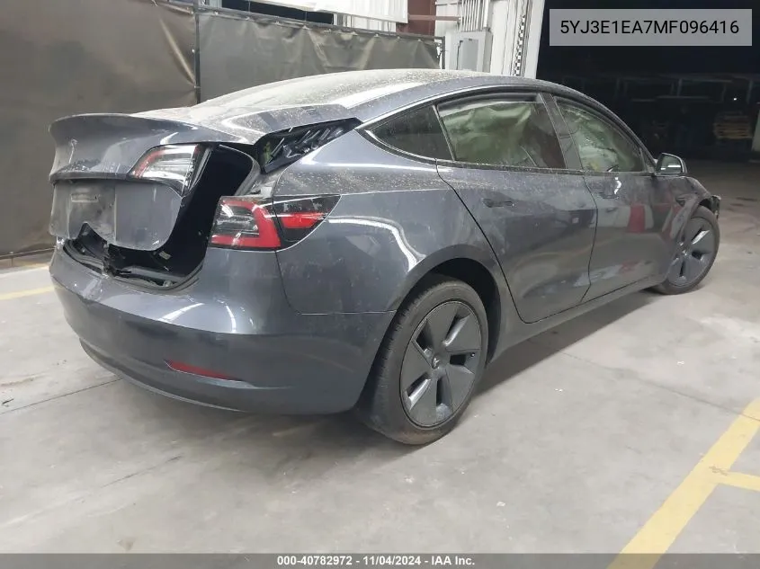 2021 Tesla Model 3 Standard Range Plus Rear-Wheel Drive VIN: 5YJ3E1EA7MF096416 Lot: 40782972