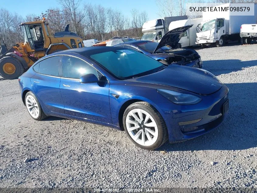 2021 Tesla Model 3 Standard Range Plus Rear-Wheel Drive VIN: 5YJ3E1EA1MF098579 Lot: 40785182