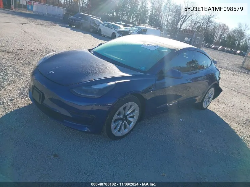 2021 Tesla Model 3 Standard Range Plus Rear-Wheel Drive VIN: 5YJ3E1EA1MF098579 Lot: 40785182