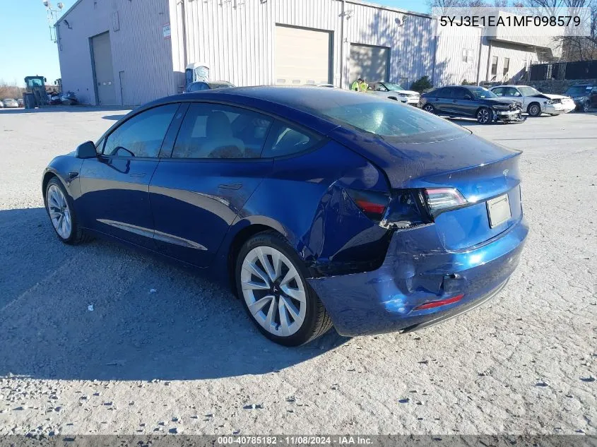 2021 Tesla Model 3 Standard Range Plus Rear-Wheel Drive VIN: 5YJ3E1EA1MF098579 Lot: 40785182