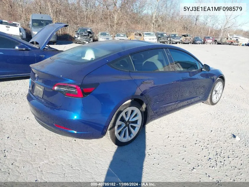 2021 Tesla Model 3 Standard Range Plus Rear-Wheel Drive VIN: 5YJ3E1EA1MF098579 Lot: 40785182