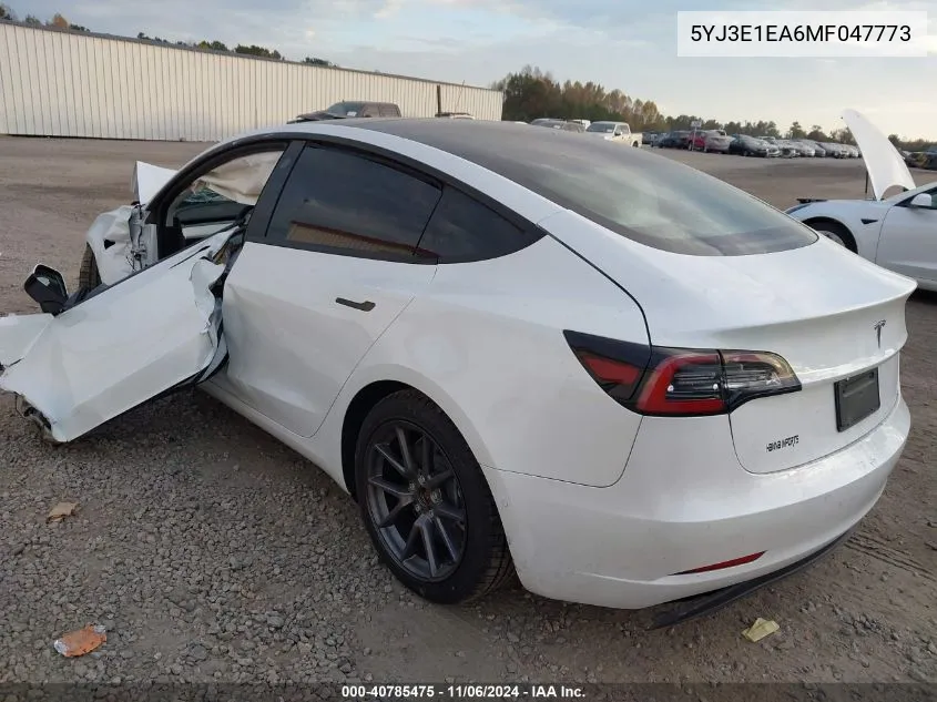 2021 Tesla Model 3 Standard Range Plus Rear-Wheel Drive VIN: 5YJ3E1EA6MF047773 Lot: 40785475