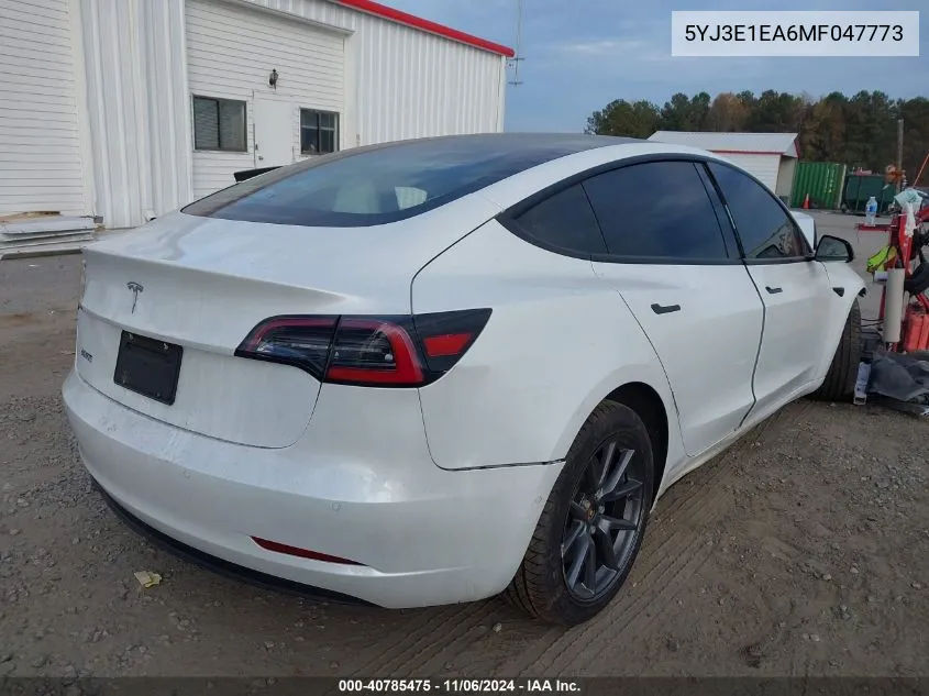 2021 Tesla Model 3 Standard Range Plus Rear-Wheel Drive VIN: 5YJ3E1EA6MF047773 Lot: 40785475