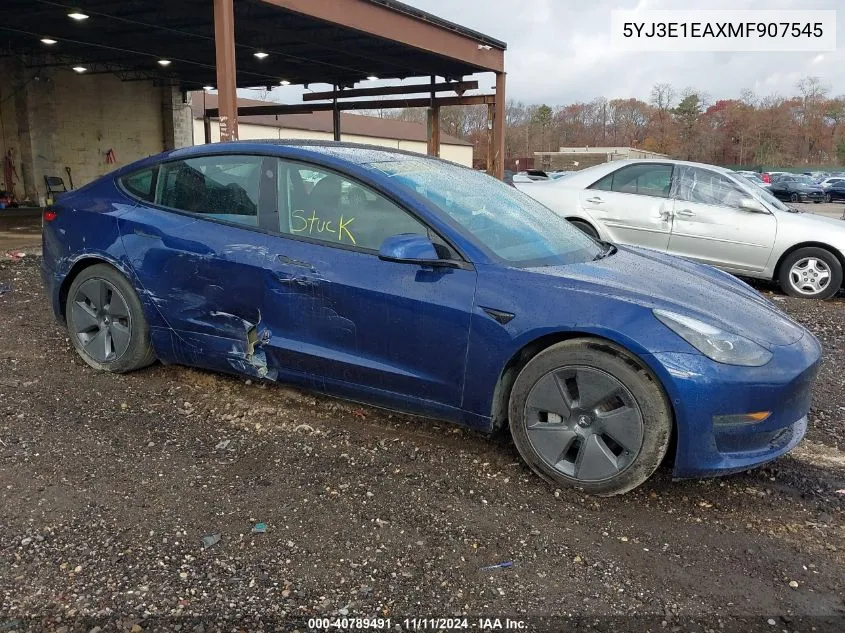 2021 Tesla Model 3 Standard Range Plus Rear-Wheel Drive VIN: 5YJ3E1EAXMF907545 Lot: 40789491