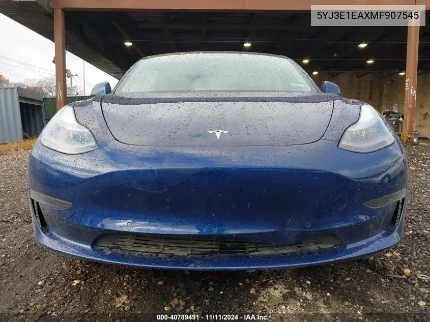 2021 Tesla Model 3 Standard Range Plus Rear-Wheel Drive VIN: 5YJ3E1EAXMF907545 Lot: 40789491