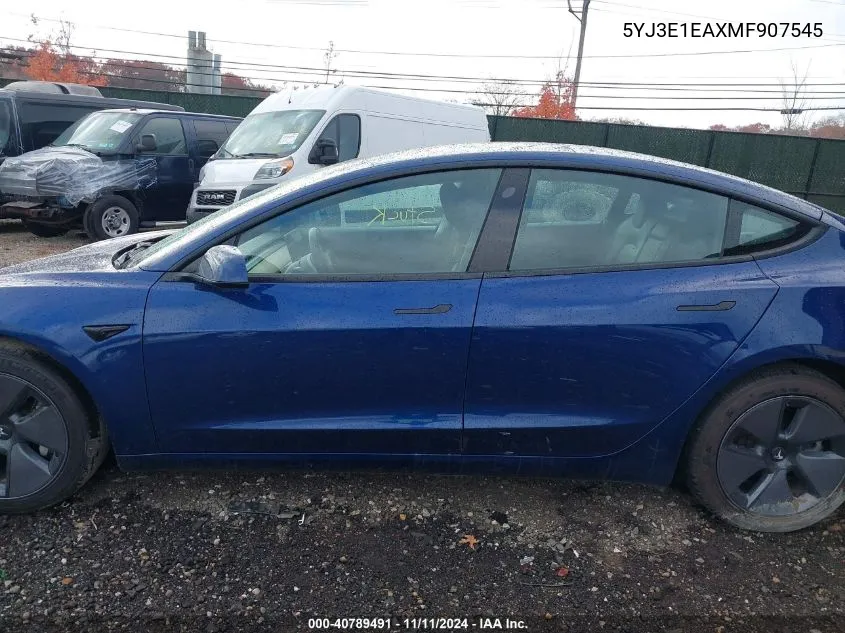 2021 Tesla Model 3 Standard Range Plus Rear-Wheel Drive VIN: 5YJ3E1EAXMF907545 Lot: 40789491