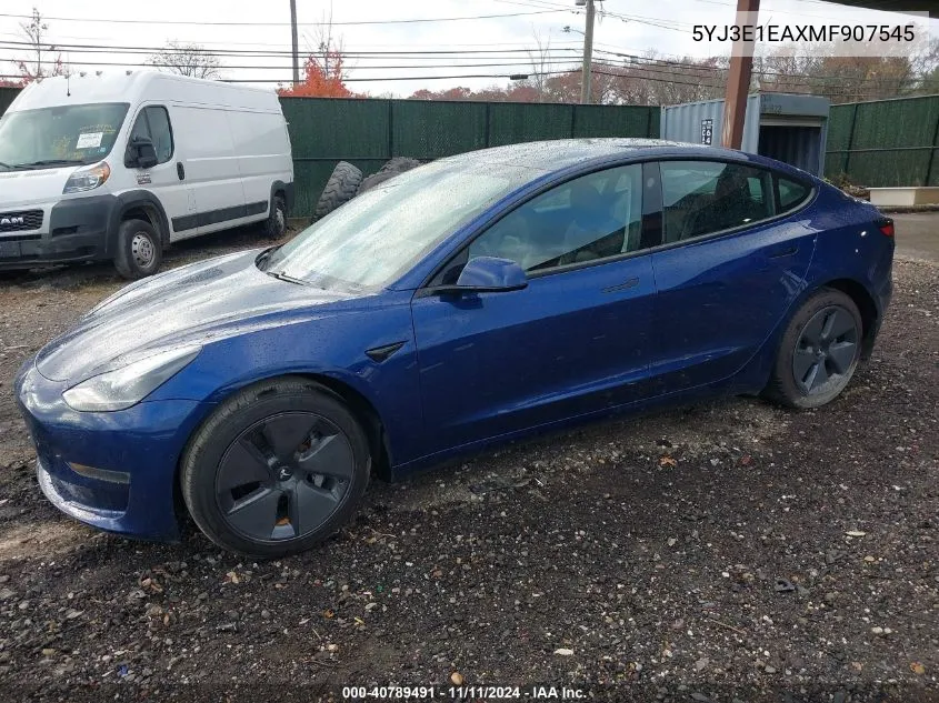 2021 Tesla Model 3 Standard Range Plus Rear-Wheel Drive VIN: 5YJ3E1EAXMF907545 Lot: 40789491