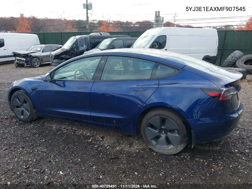 2021 Tesla Model 3 Standard Range Plus Rear-Wheel Drive VIN: 5YJ3E1EAXMF907545 Lot: 40789491