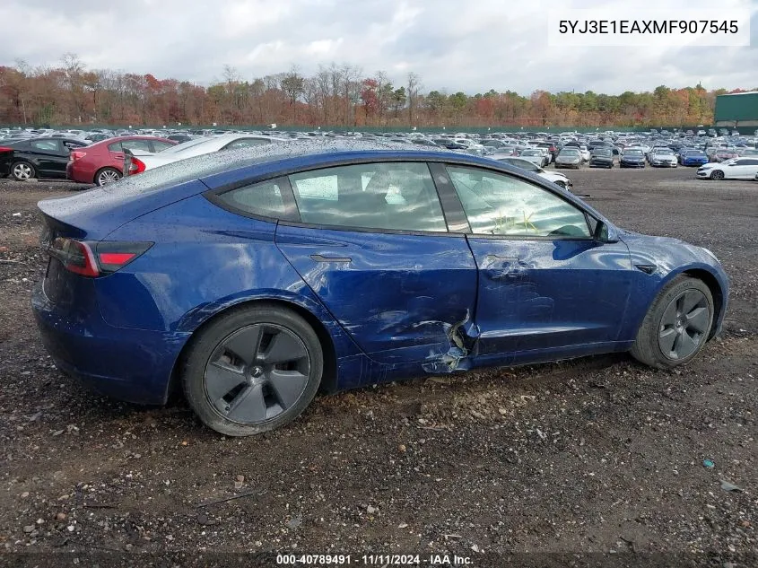 2021 Tesla Model 3 Standard Range Plus Rear-Wheel Drive VIN: 5YJ3E1EAXMF907545 Lot: 40789491