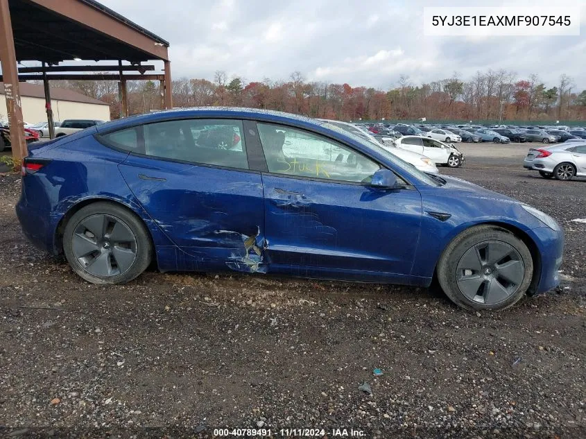 2021 Tesla Model 3 Standard Range Plus Rear-Wheel Drive VIN: 5YJ3E1EAXMF907545 Lot: 40789491