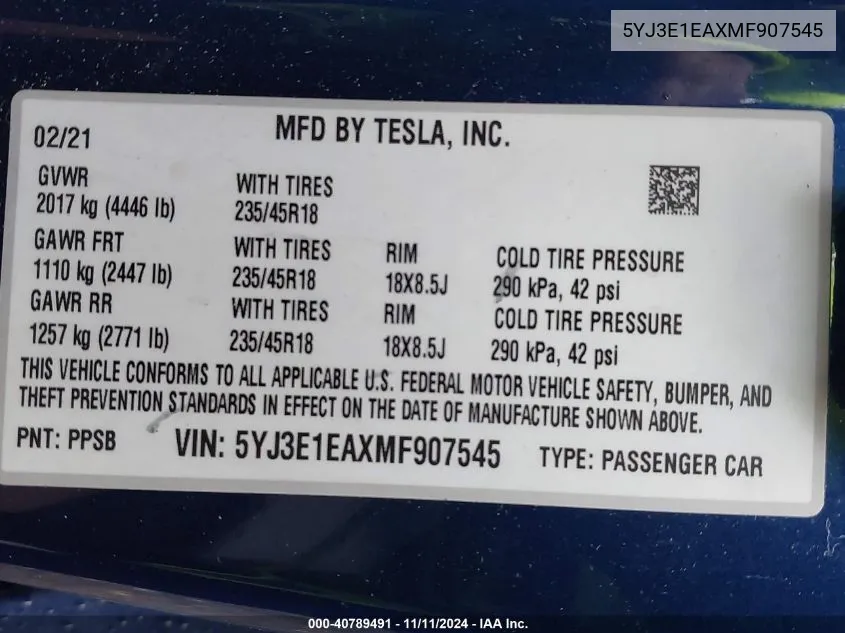 2021 Tesla Model 3 Standard Range Plus Rear-Wheel Drive VIN: 5YJ3E1EAXMF907545 Lot: 40789491