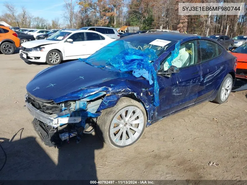 2021 Tesla Model 3 Long Range Dual Motor All-Wheel Drive VIN: 5YJ3E1EB6MF980744 Lot: 40792497