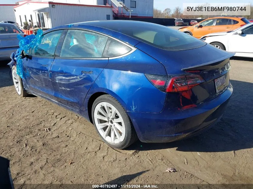 2021 Tesla Model 3 Long Range Dual Motor All-Wheel Drive VIN: 5YJ3E1EB6MF980744 Lot: 40792497