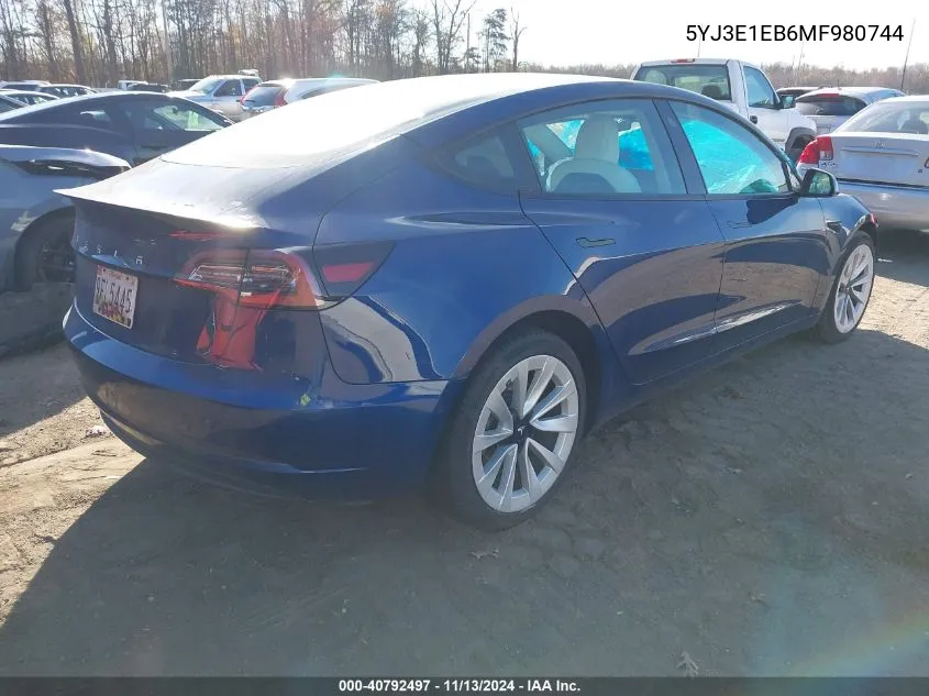 2021 Tesla Model 3 Long Range Dual Motor All-Wheel Drive VIN: 5YJ3E1EB6MF980744 Lot: 40792497