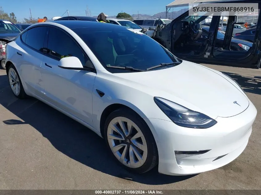 2021 Tesla Model 3 Long Range Dual Motor All-Wheel Drive VIN: 5YJ3E1EB8MF868916 Lot: 40802737