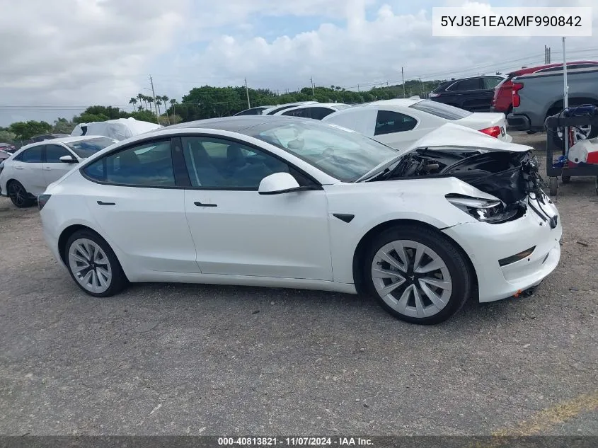 2021 Tesla Model 3 Standard Range Plus Rear-Wheel Drive VIN: 5YJ3E1EA2MF990842 Lot: 40813821