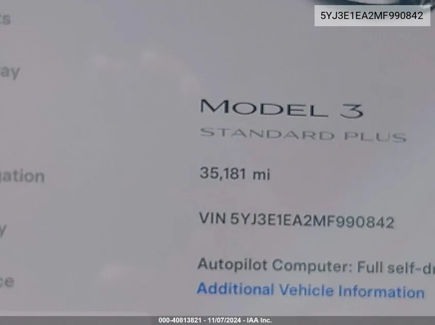 2021 Tesla Model 3 Standard Range Plus Rear-Wheel Drive VIN: 5YJ3E1EA2MF990842 Lot: 40813821