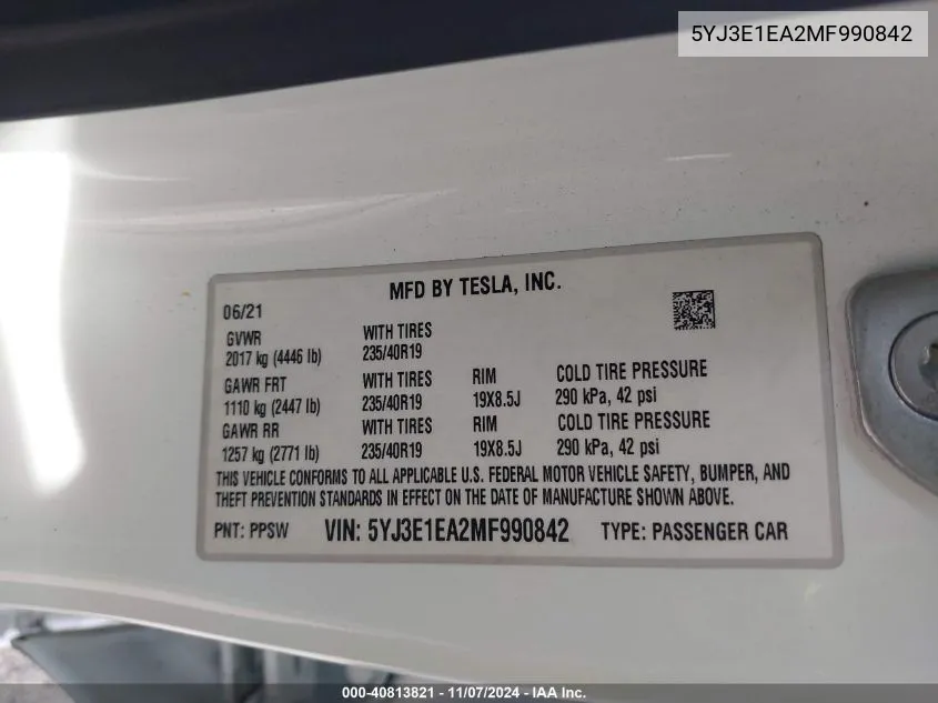 2021 Tesla Model 3 Standard Range Plus Rear-Wheel Drive VIN: 5YJ3E1EA2MF990842 Lot: 40813821