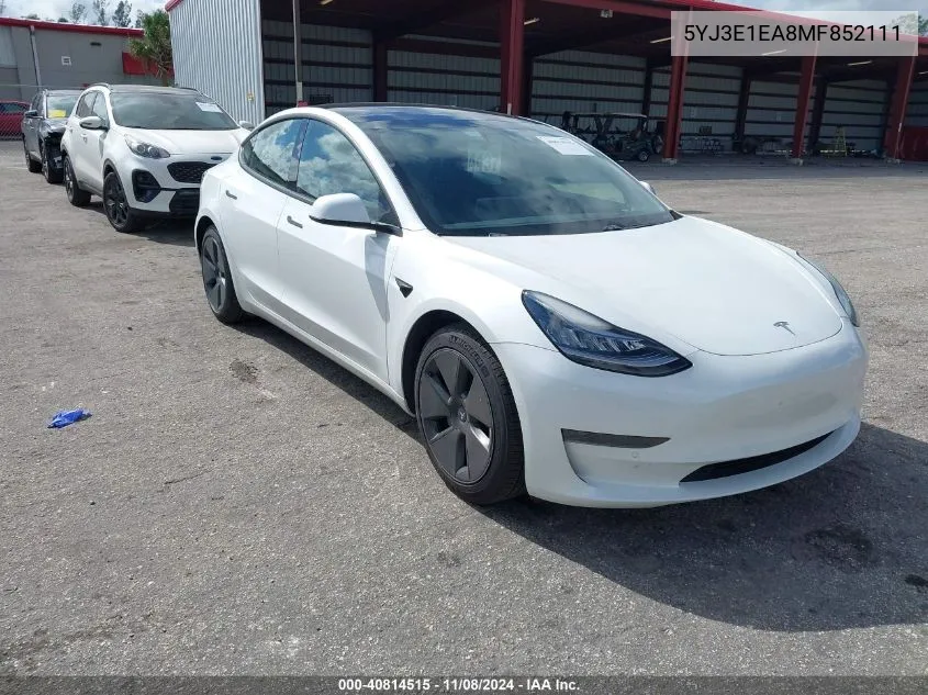 2021 Tesla Model 3 Standard Range Plus Rear-Wheel Drive VIN: 5YJ3E1EA8MF852111 Lot: 40814515