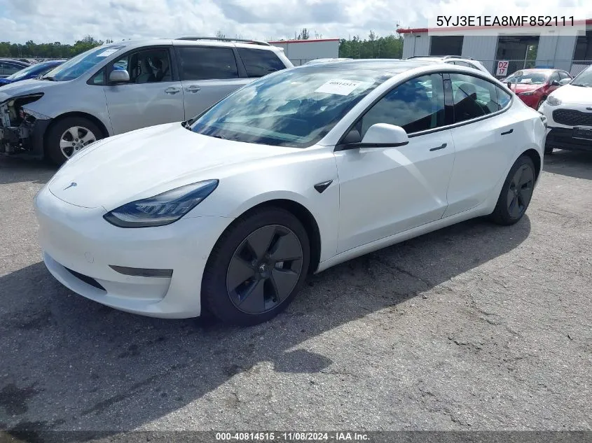 2021 Tesla Model 3 Standard Range Plus Rear-Wheel Drive VIN: 5YJ3E1EA8MF852111 Lot: 40814515