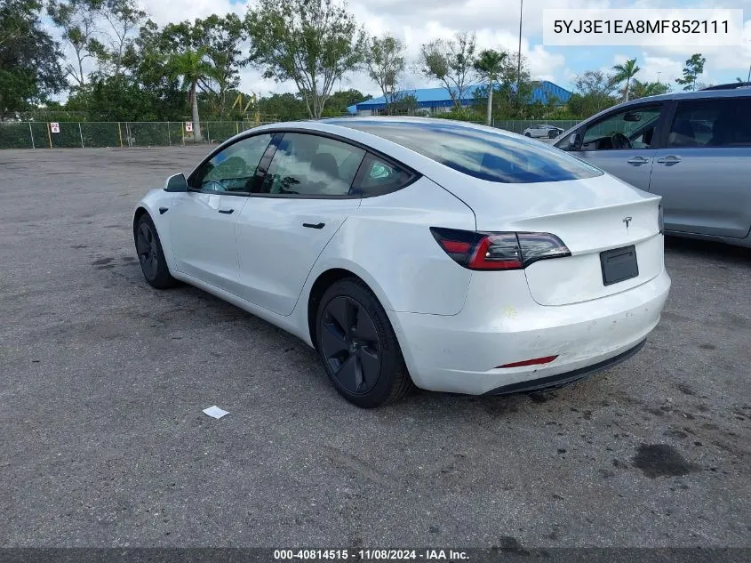 2021 Tesla Model 3 Standard Range Plus Rear-Wheel Drive VIN: 5YJ3E1EA8MF852111 Lot: 40814515