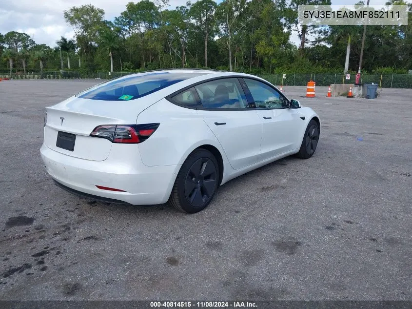 2021 Tesla Model 3 Standard Range Plus Rear-Wheel Drive VIN: 5YJ3E1EA8MF852111 Lot: 40814515