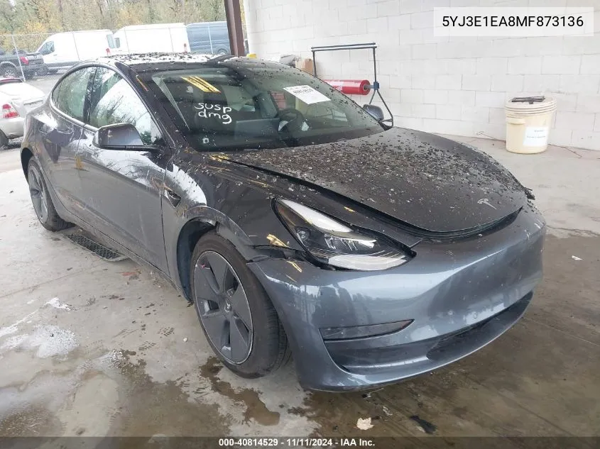 2021 Tesla Model 3 Standard Range Plus Rear-Wheel Drive VIN: 5YJ3E1EA8MF873136 Lot: 40814529